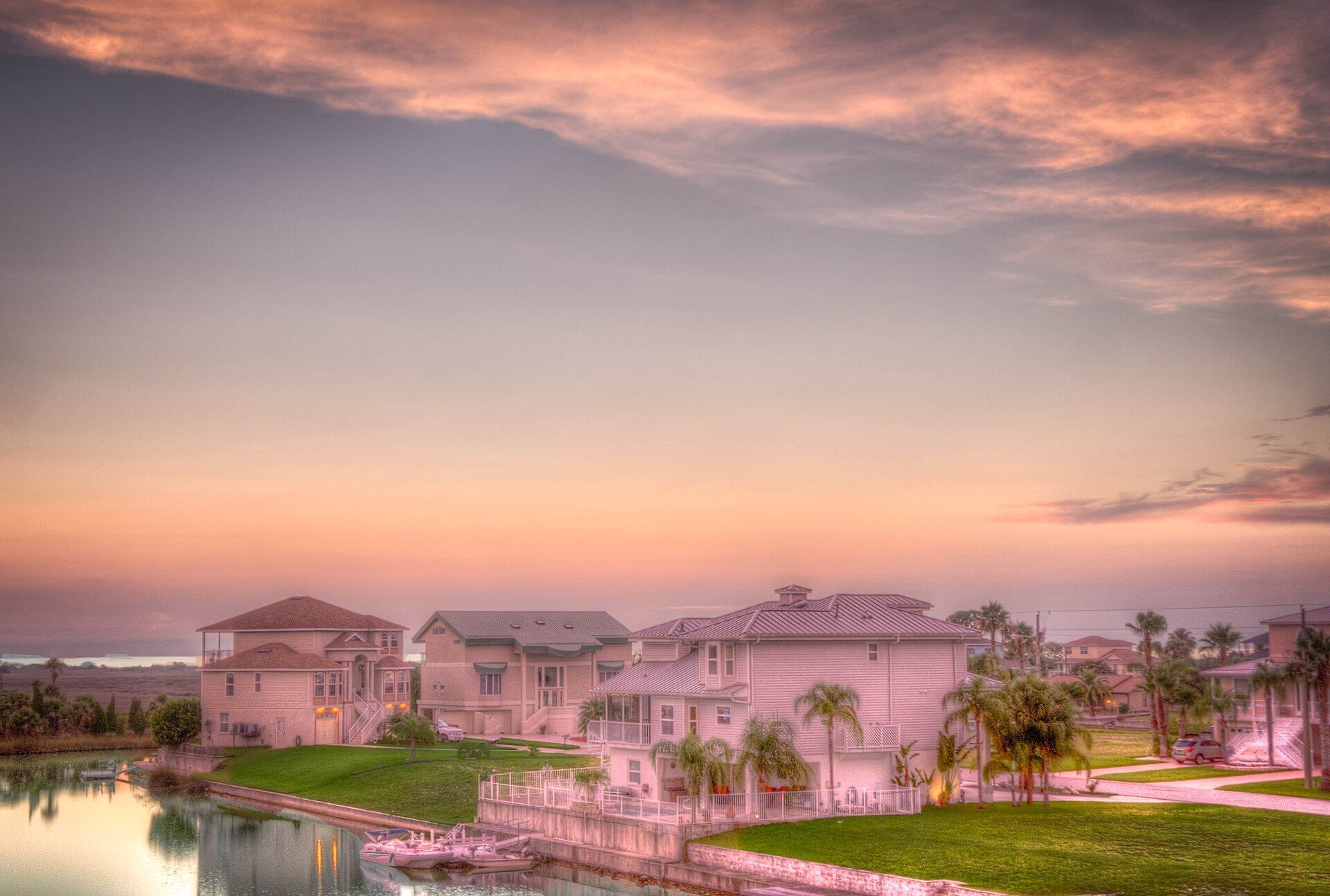 Pastel dusk sky over waterfront homes in Hernando Beach